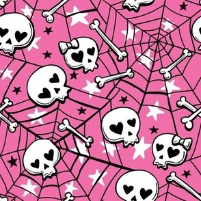 cute hand-drawn skulls halloween pink , Halloween fabric