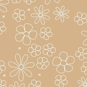 Boho minimalist ditsy flowers daisies petals in tan beige and white LARGE