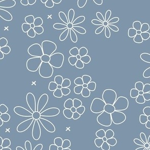 Boho minimalist ditsy flowers daisies petals in moody blue and white LARGE
