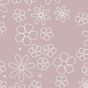 Boho minimalist ditsy flowers daisies petals in mauve and white LARGE