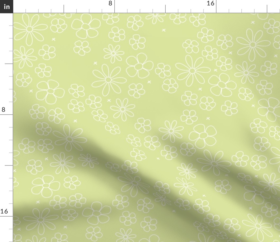 Boho minimalist ditsy flowers daisies petals in lime and white LARGE