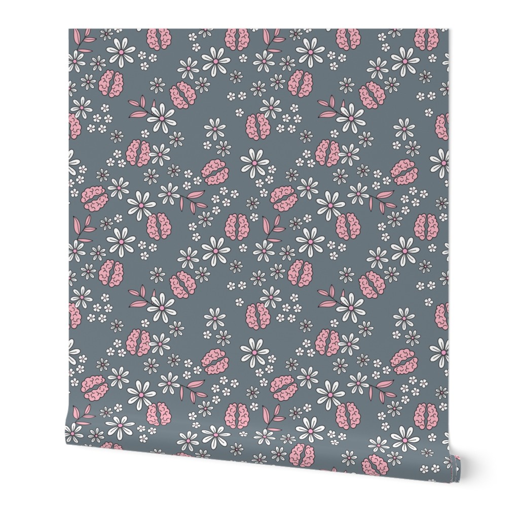 Little brain surgeon -  Back to school science nerd - Smart minimal brains and branches with flowers and leaves in pink white on slate grey