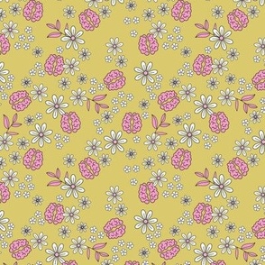 Back to school science nerd - Smart minimal brains and branches with flowers and leaves in pink white on mustard yellow