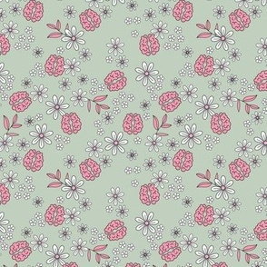 Little brain surgeon - Back to school science nerd - Smart minimal brains and branches with flowers and leaves in pink white on faded sage green