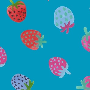 Tossed watercolor strawberries - on a Caribbean  blue background - large 