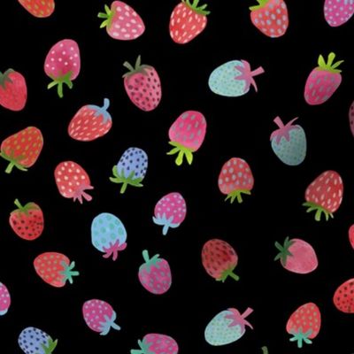 Tossed watercolor strawberries - on a black background - small