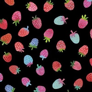 Tossed watercolor strawberries - on a black background - small