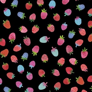 Tossed watercolor strawberries - on a black background - medium