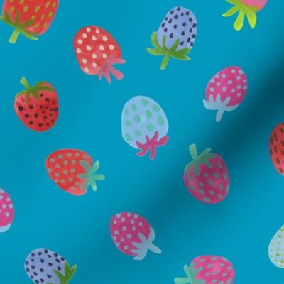 Tossed watercolor strawberries - on a Caribbean  blue background - medium