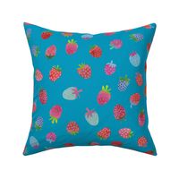 Tossed watercolor strawberries - on a Caribbean  blue background - medium