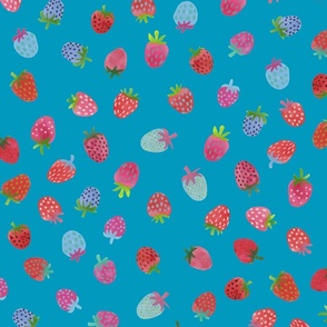 Tossed watercolor strawberries - on a Caribbean  blue background - medium