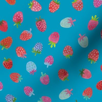 Tossed watercolor strawberries - on a Caribbean  blue background - small