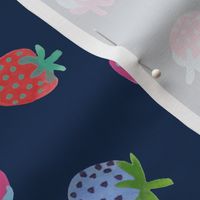 Tossed watercolor strawberries - on a dark blue background - medium