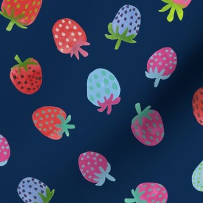 Tossed watercolor strawberries - on a dark blue background - medium