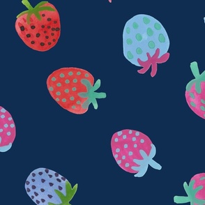 Tossed watercolor strawberries - on a dark blue background - large
