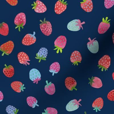 Tossed watercolor strawberries - on a dark blue background - small