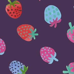 Tossed watercolor strawberries - on a plum purple background - large
