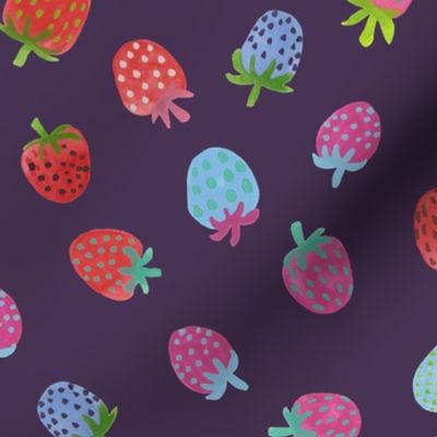 Tossed watercolor strawberries - on a plum  background - medium