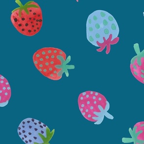 Tossed watercolor strawberries - on a peacock blue background - large