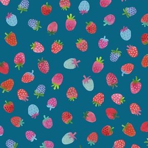 Tossed watercolor strawberries - on a peacock blue background - medium 