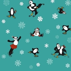 Penguins and Pandas on ice - pale turquoise