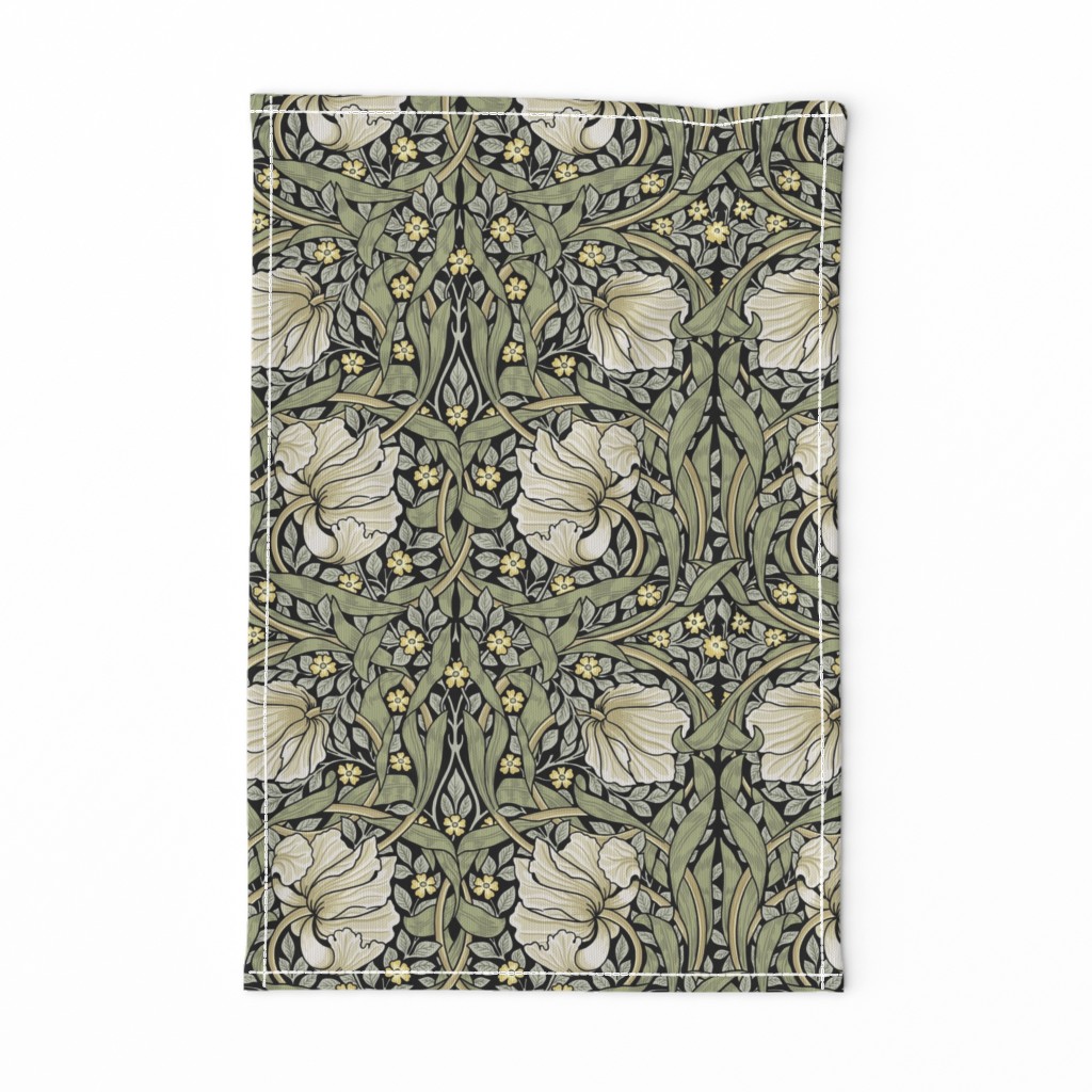 Pimpernel- MEDIUM - by William Morris - black dark moody floral sage historic antiqued restored reconstruction   art nouveau art deco damask background Wallpaper 12"/24" ArtsandCraftsMovementSF