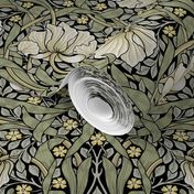 Pimpernel- MEDIUM - by William Morris - black dark moody floral sage historic antiqued restored reconstruction   art nouveau art deco damask background Wallpaper 12"/24" ArtsandCraftsMovementSF