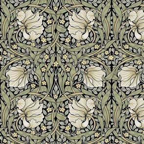 Pimpernel- MEDIUM - by William Morris - black dark moody floral sage historic antiqued restored reconstruction   art nouveau art deco damask background Wallpaper 12"/24" ArtsandCraftsMovementSF