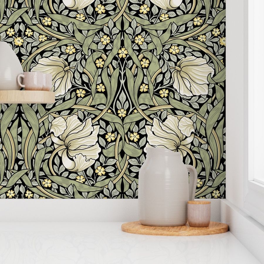 Pimpernel By William Morris- Large - Perfect Glamour for Heritage, English Cottage, A New Farmhouse - Grandmillennial Opulent Victorian Pimpernell Flowers For Luxury Elegant Home Decor and Wallpaper -black sage green, beige