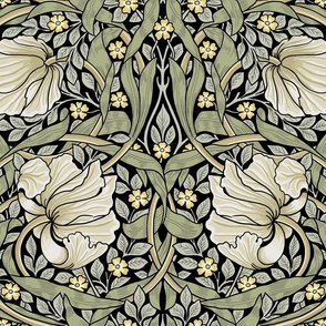 Pimpernel - LARGE - historical reconstructed damask wallpaper by William Morris - black sage antiqued restored reconstruction  art nouveau art deco background 