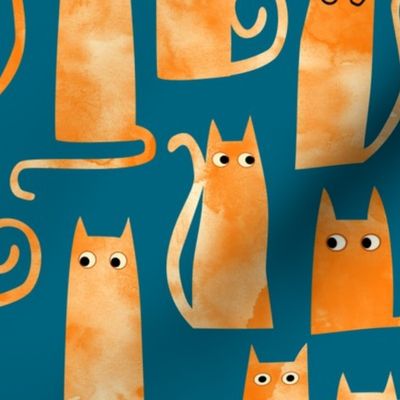 Orange Ginger Cat Watercolor Teal Green