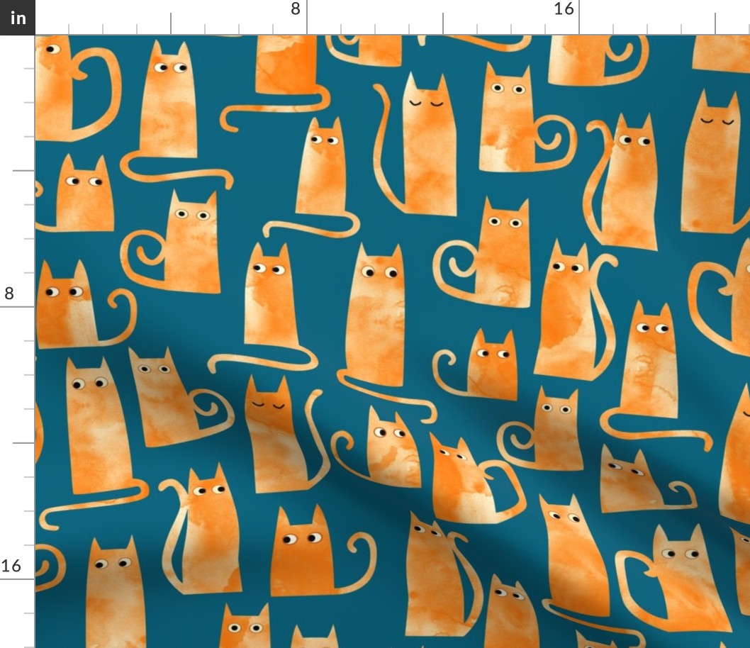 Orange Ginger Cat Watercolor Teal Green