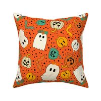 Large Scale Groovy Ghosts Pumpkins and Retro Melty Smile Faces on Orange