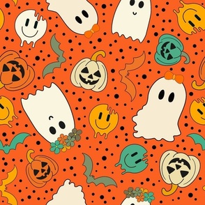 Large Scale Groovy Ghosts Pumpkins and Retro Melty Smile Faces on Orange