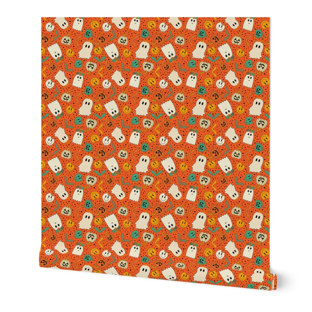 Medium Scale Groovy Ghosts Pumpkins and Retro Melty Smile Faces on Orange