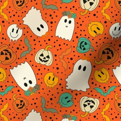 Medium Scale Groovy Ghosts Pumpkins and Retro Melty Smile Faces on Orange