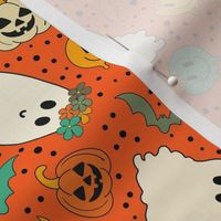 Medium Scale Groovy Ghosts Pumpkins and Retro Melty Smile Faces on Orange