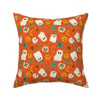 Medium Scale Groovy Ghosts Pumpkins and Retro Melty Smile Faces on Orange