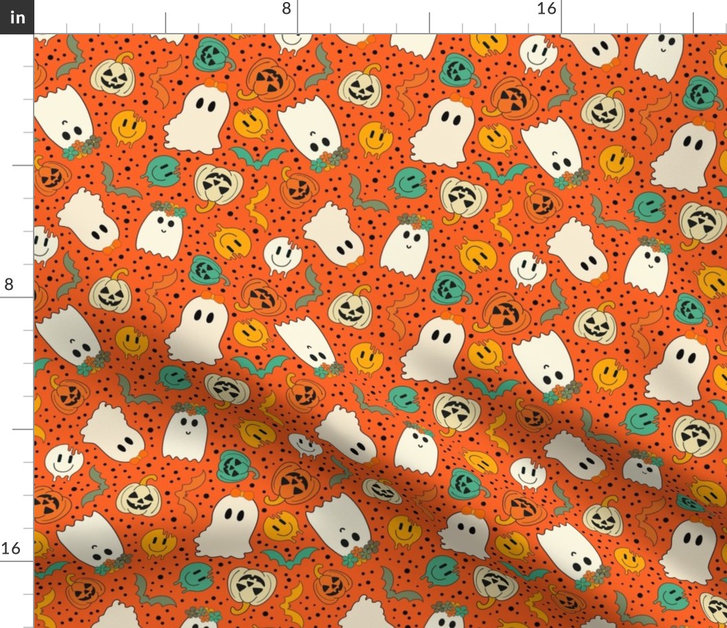 Medium Scale Groovy Ghosts Pumpkins and Retro Melty Smile Faces on Orange