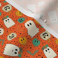 Small Scale Groovy Ghosts Pumpkins and Retro Melty Smile Faces on Orange