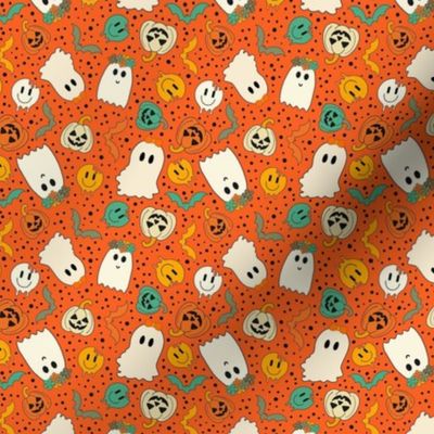 Small Scale Groovy Ghosts Pumpkins and Retro Melty Smile Faces on Orange