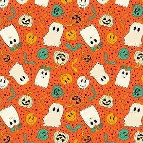 Small Scale Groovy Ghosts Pumpkins and Retro Melty Smile Faces on Orange