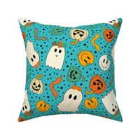 Large Scale Groovy Ghosts Pumpkins and Retro Melty Smile Faces on Turquoise