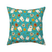 Medium Scale Groovy Ghosts Pumpkins and Retro Melty Smile Faces on Turquoise