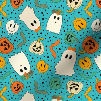 Medium Scale Groovy Ghosts Pumpkins and Retro Melty Smile Faces on Turquoise