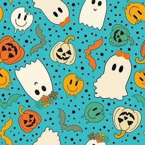 Medium Scale Groovy Ghosts Pumpkins and Retro Melty Smile Faces on Turquoise