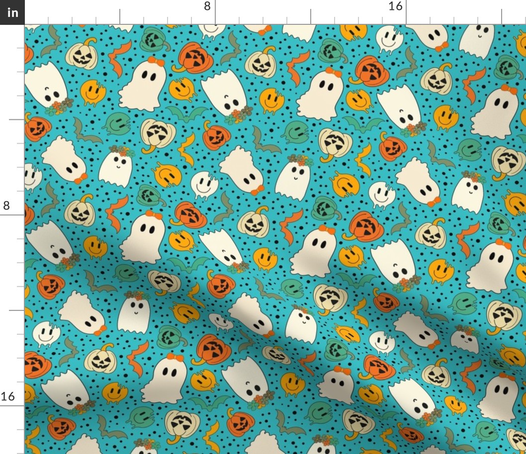 Medium Scale Groovy Ghosts Pumpkins and Retro Melty Smile Faces on Turquoise