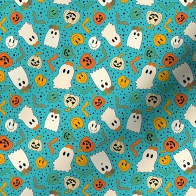 Small Scale Groovy Ghosts Pumpkins and Retro Melty Smile Faces on Turquoise