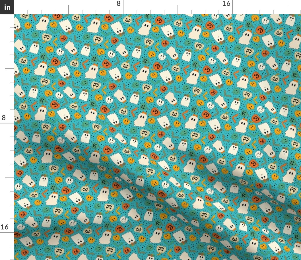 Small Scale Groovy Ghosts Pumpkins and Retro Melty Smile Faces on Turquoise