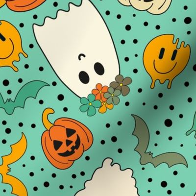 Large Scale Groovy Ghosts Pumpkins and Retro Melty Smile Faces on Wintergreen
